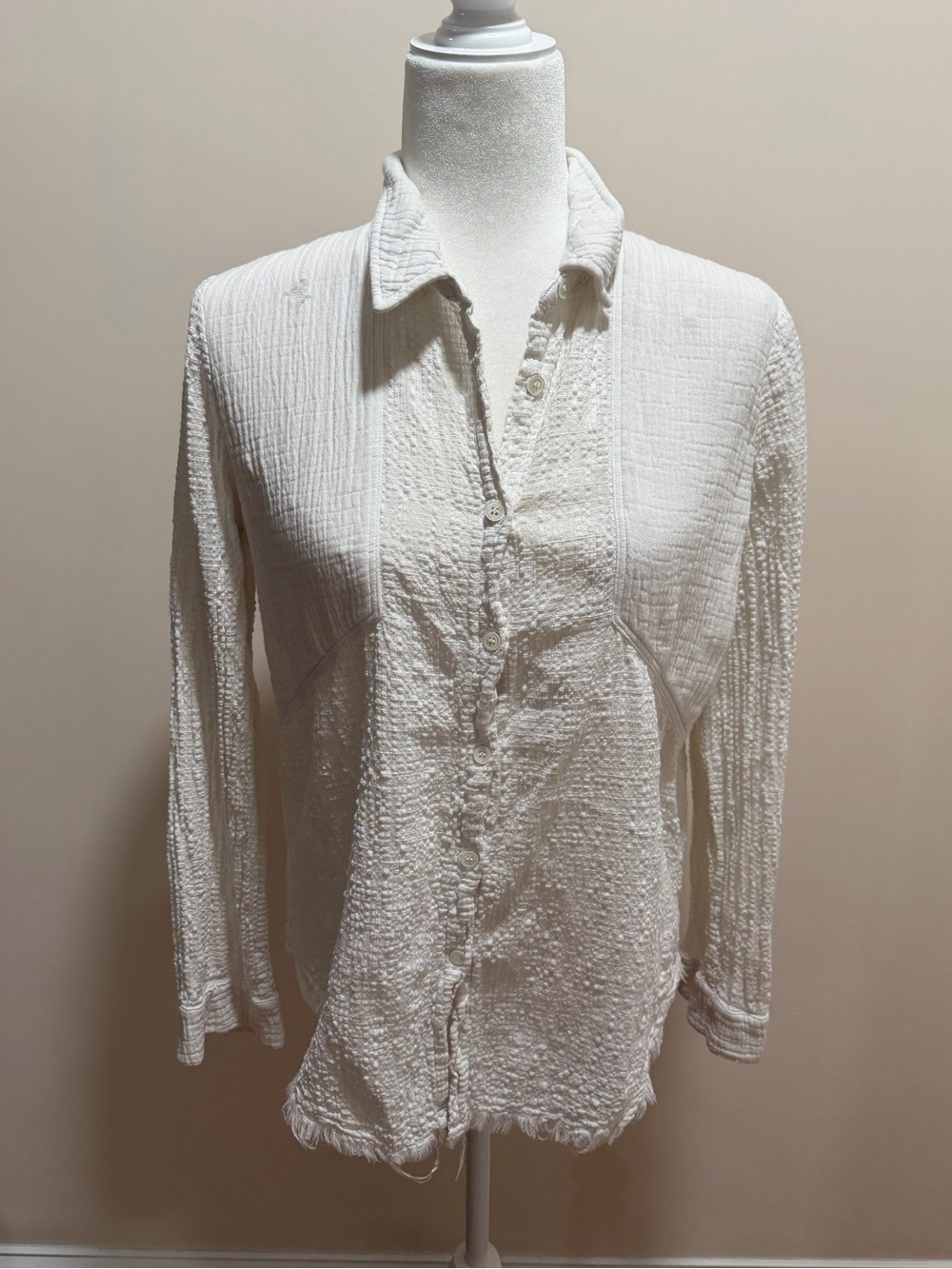 Raquel Allegra Off White Texture Cotton Gauze Button Down Long Sleeve Top 1 (S)